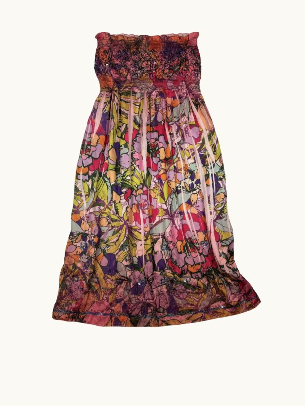Lapis Strapless Smocked Beaded Floral Dress One Size